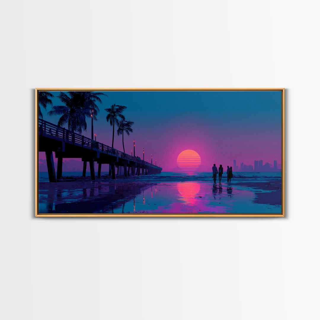 Vibrant Neon Sunset Beach Scene With Silhouettes Of People Framed Canvas Print Coastal Wall Art For Modern Living Room And Bedroom Decor