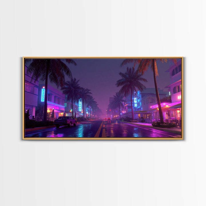 Night City Street Scene With Neon Lights And Palm Trees, Framed Canvas Print For Retro Wall Art And Miami Home Decor