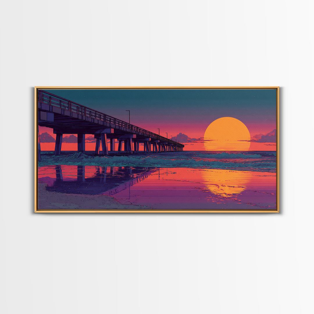 Sunset Pier Over Calm Ocean Waves Vibrant Pink Purple Beach Scene Wall Art Framed Canvas Print Coastal Home Decor