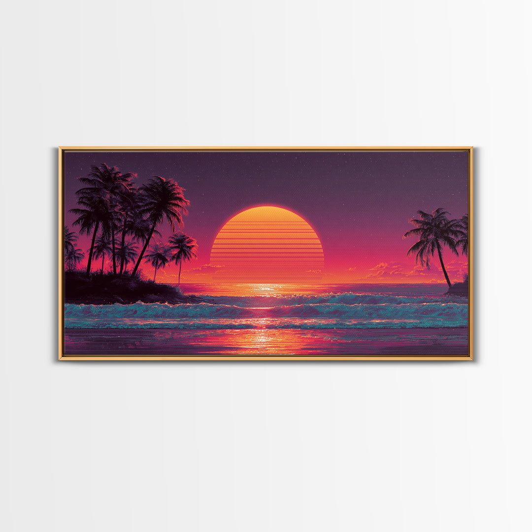 Vibrant Retro Sunset Tropical Beach Scene Digital Art Print Wall Art Framed Canvas Print Coastal Home Decor