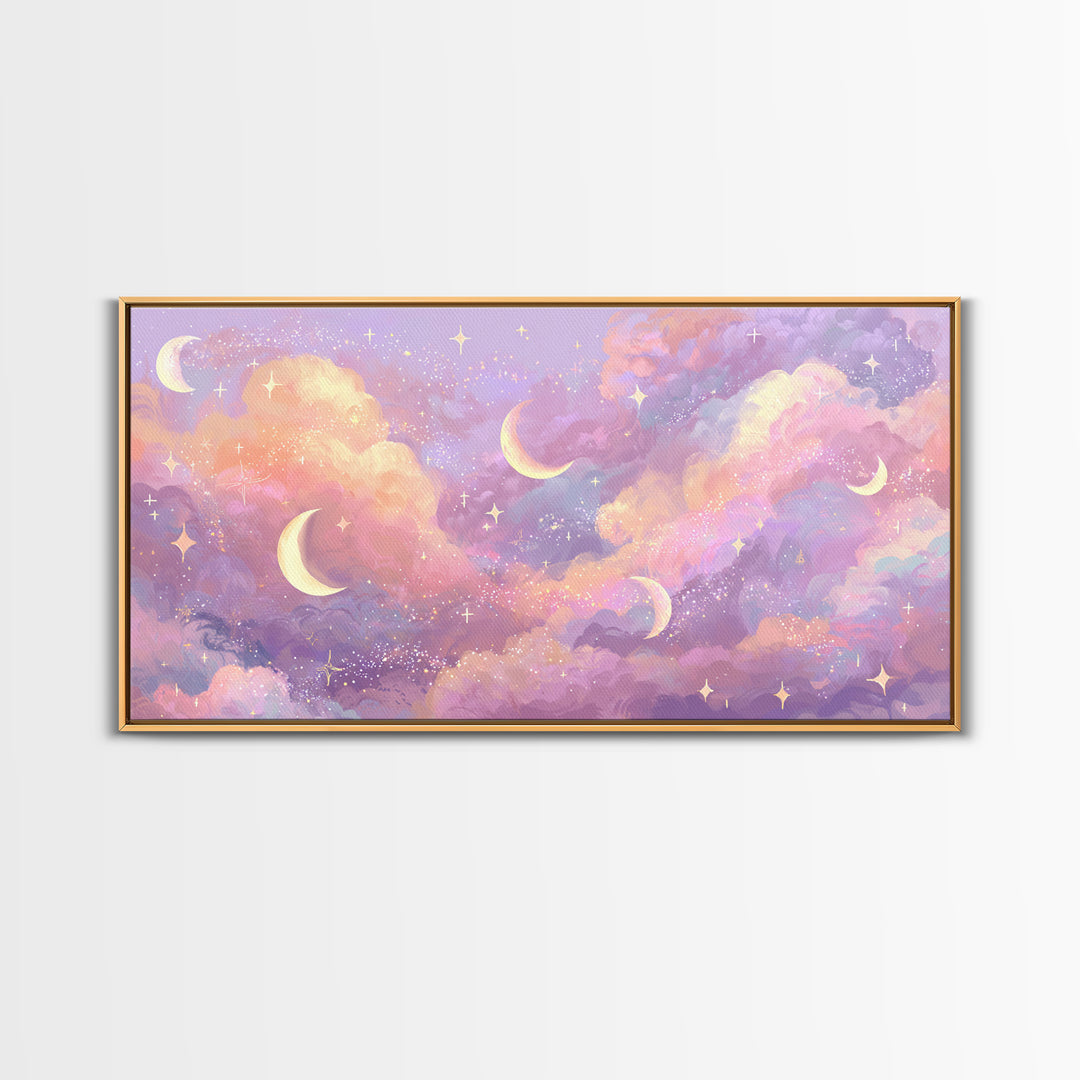 Pastel Crescent Moon Cloud Wall Art, Celestial Wall Art, Dreamy Nursery Decor, Whimsical Decor, Pink Bedroom Art, Canvas Print