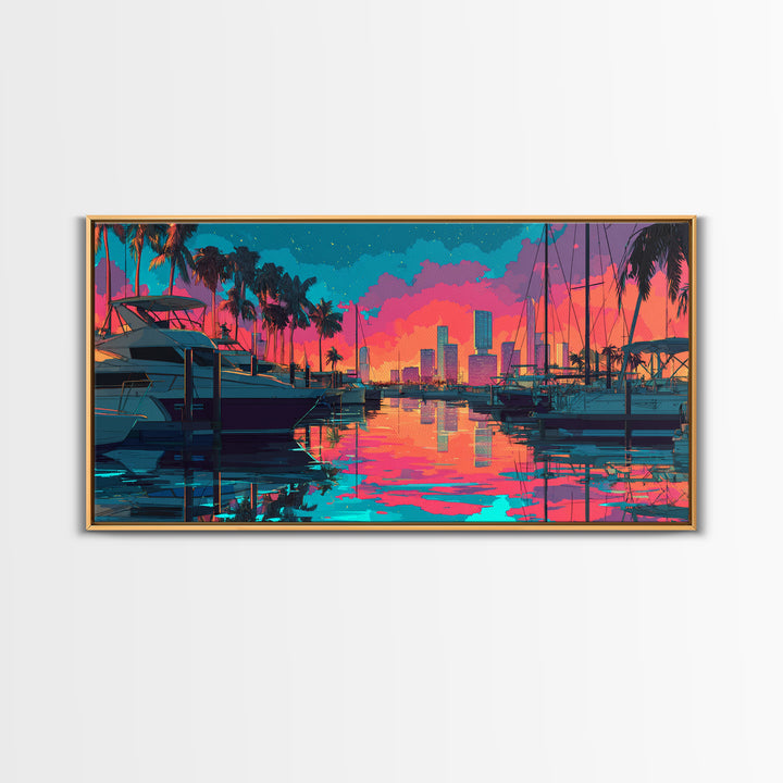 Colorful Harbor Scene With Boats Palm Trees And Sunset Sky Vibrant Contemporary Wall Art Canvas Print