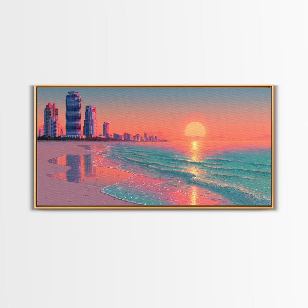 Vibrant Sunset Over Modern Coastal City Beach With Reflective Waves Wall Art Framed Canvas Print For Home Decor