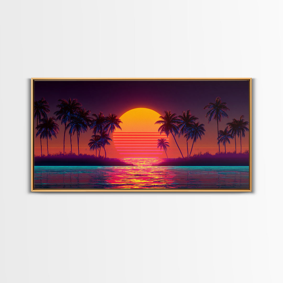 Retro Sunset Beach Palm Trees Digital Art Print Vibrant Coastal Wall Art Canvas Print Modern Boho Decor