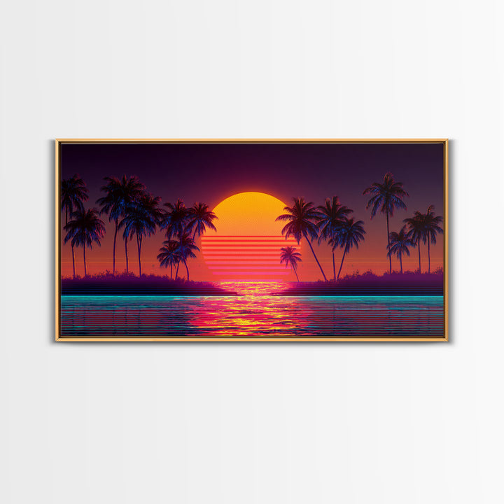 Retro Sunset Beach Palm Trees Digital Art Print Vibrant Coastal Wall Art Canvas Print Modern Boho Decor