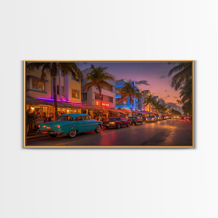 Vintage Urban Miami Beach Scene At Sunset With Classic Cars And Palm Trees Wall Art Canvas Print
