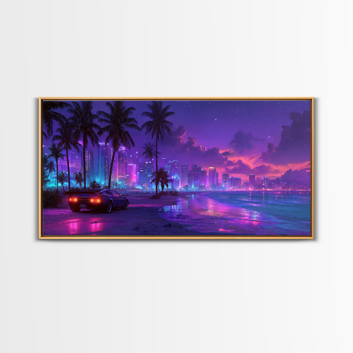Cyberpunk Cityscape Night Scene With Neon Lights And Sports Car Modern Digital Art Canvas Print For Trendy Wall Art Home Decor