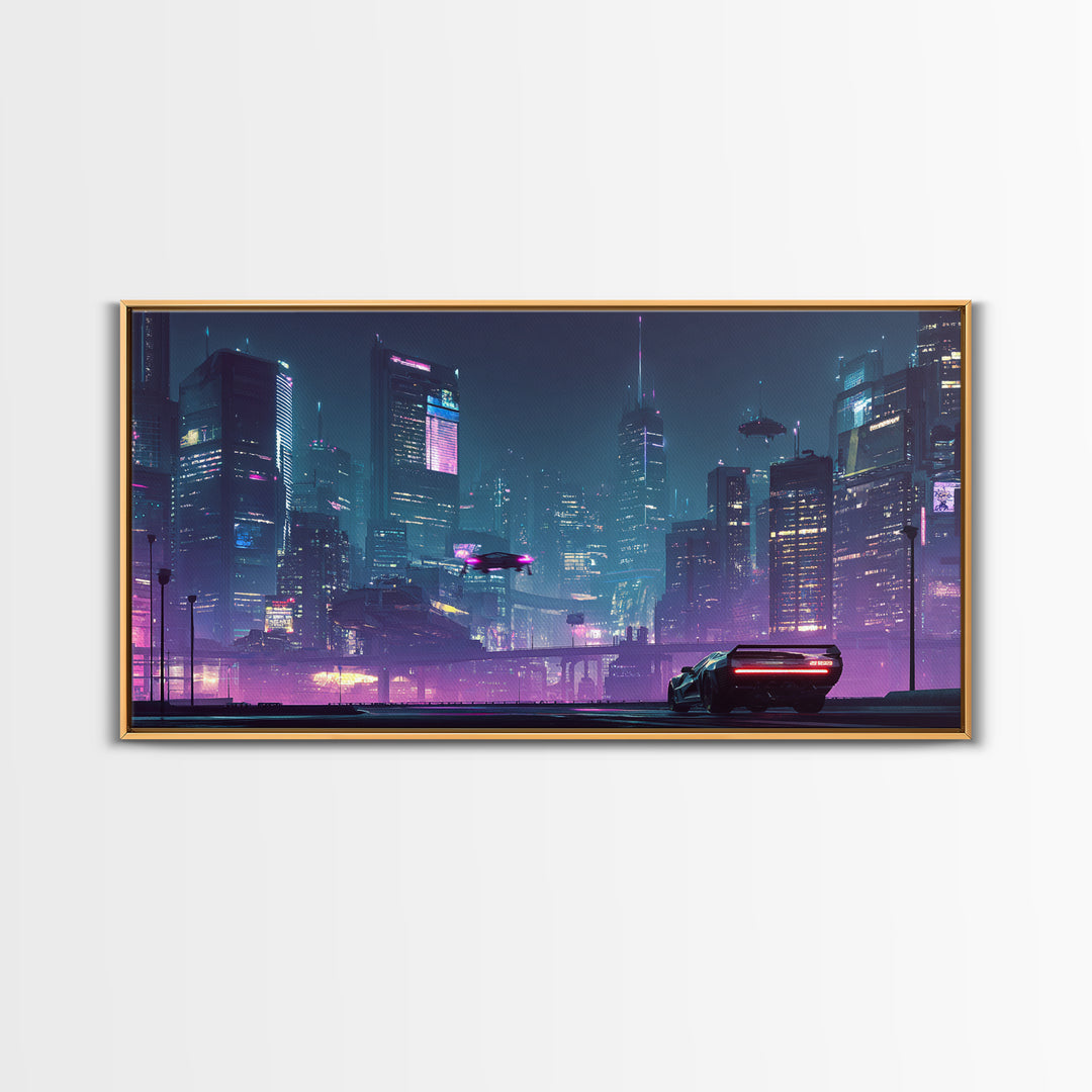 Futuristic Cyberpunk Cityscape At Night With Neon Lights And Hover Cars Wall Art, Vibrant Canvas Print For Modern Living Room Decor