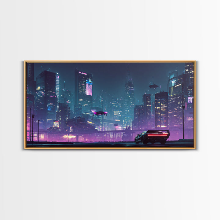 Futuristic Cyberpunk Cityscape At Night With Neon Lights And Hover Cars Wall Art, Vibrant Canvas Print For Modern Living Room Decor