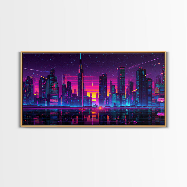 Vibrant Neon Cityscape With Reflective River And Pink Purple Sky Canvas Print Modern Urban Wall Art