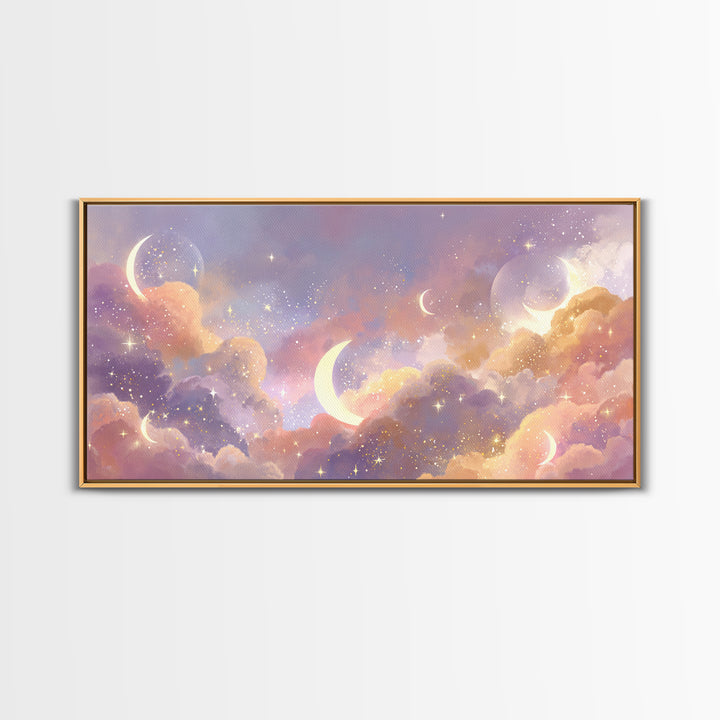Glowing Crescent Moon Clouds Wall Art, Celestial Decor, Galaxy Art, Space Wall Art, Dreamy Bedroom Decor, Framed Canvas Print