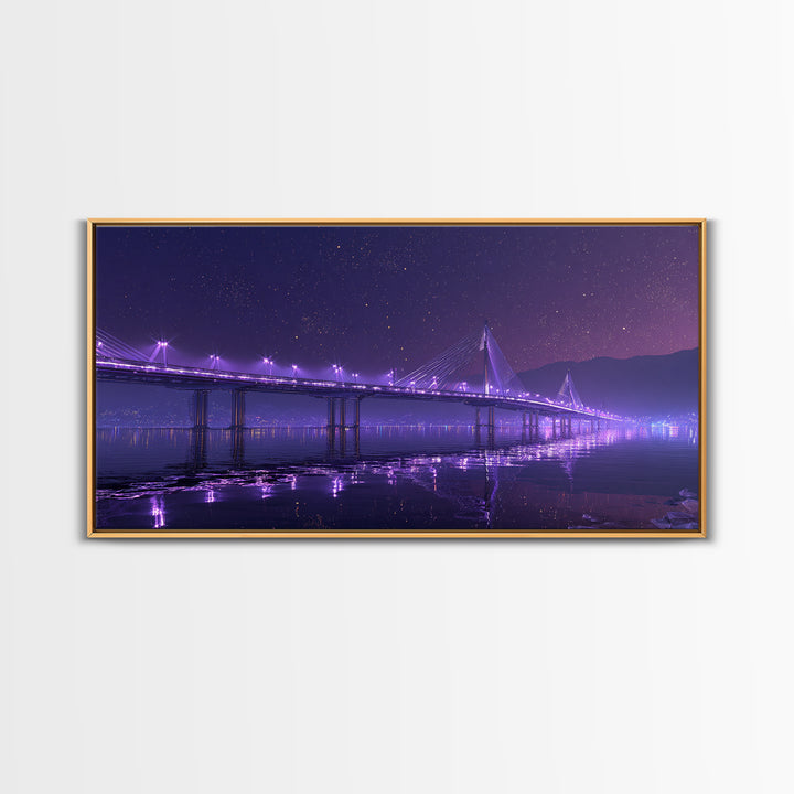Nighttime Cityscape With Illuminated Bridge Over Waterstars Sky Reflections Beautiful Large Wall Art Framed Canvas Print