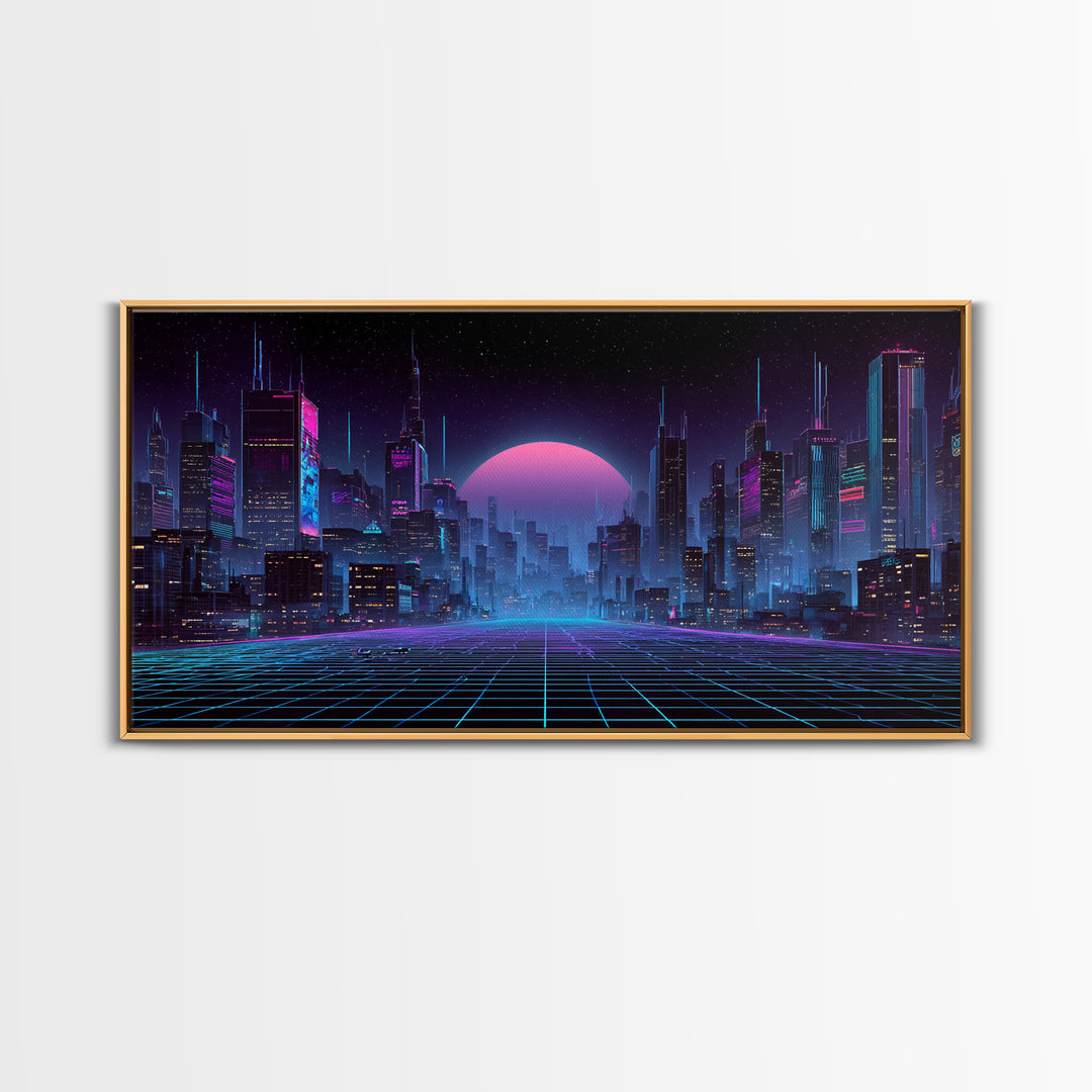 Cyberpunk Futuristic Cityscape Landscape With Neon Lights And Moon Framed Canvas Print For Modern Wall Art And Office Decor