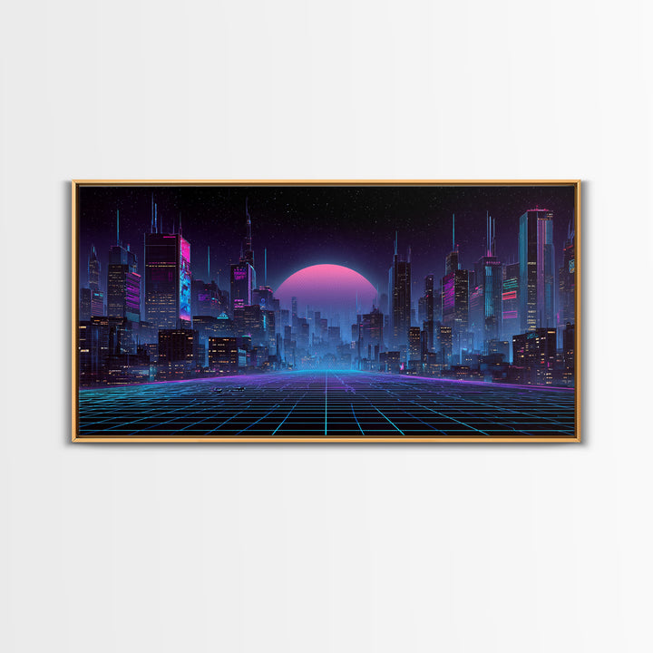 Cyberpunk Futuristic Cityscape Landscape With Neon Lights And Moon Framed Canvas Print For Modern Wall Art And Office Decor