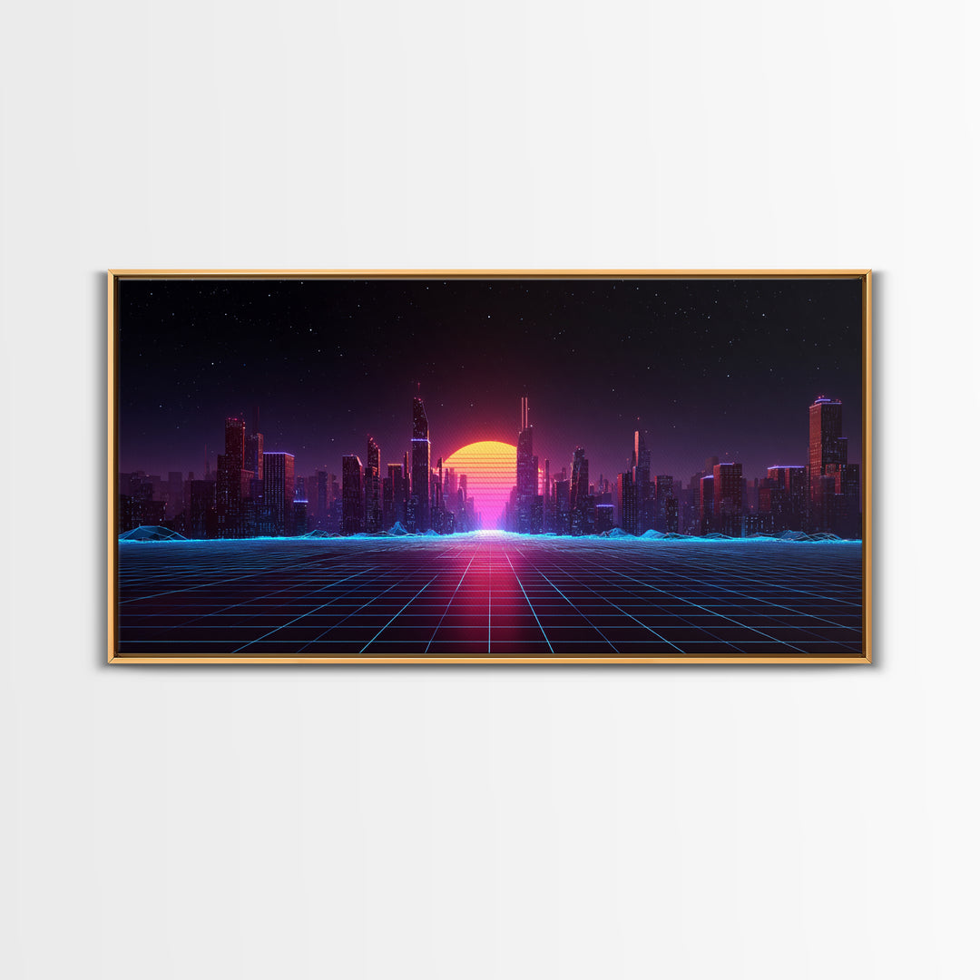 Futuristic Cyberpunk Neon City Digital Artwork With Vibrant Sunset And Grid-Like Road Abstract Sci-Fi Framed Canvas Print For Modern Wall Decor