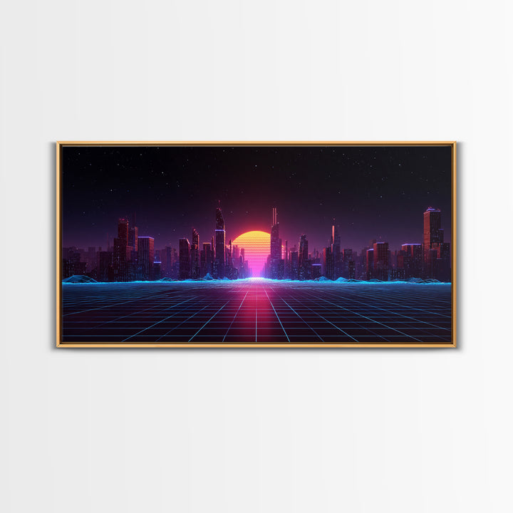 Futuristic Cyberpunk Neon City Digital Artwork With Vibrant Sunset And Grid-Like Road Abstract Sci-Fi Framed Canvas Print For Modern Wall Decor