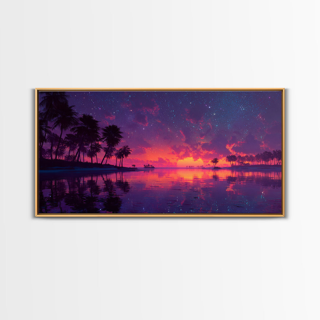 Tropical Sunset Beach With Palm Trees Landscape Painting Canvas Print For Coastal Wall Art