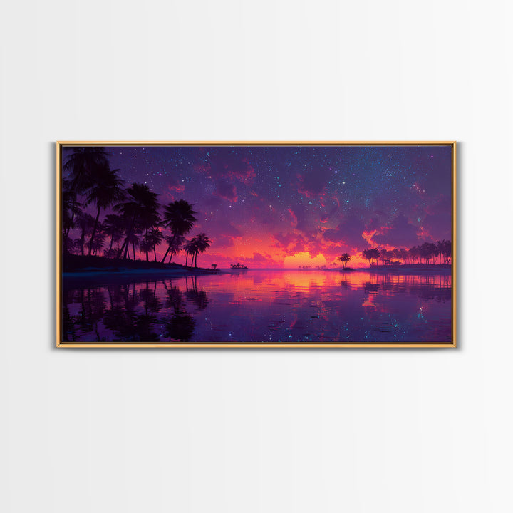 Tropical Sunset Beach With Palm Trees Landscape Painting Canvas Print For Coastal Wall Art