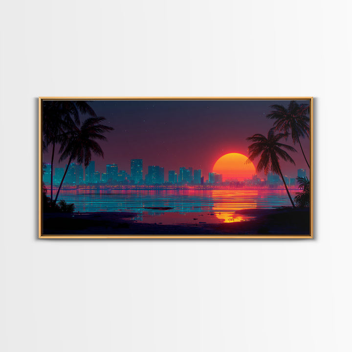 Futuristic Neon Cityscape With Illuminated Pyramid And Mountain Backdrop Modern Wall Art Framed Canvas Print