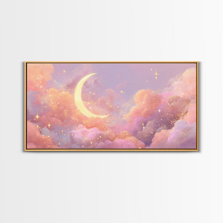 Golden Crescent Moon Clouds Wall Art, Pastel Celestial Decor, Pink Wall Art, Dreamy Nursery Art, Whimsical Decor, Canvas Print