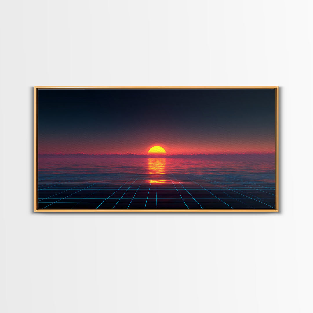 Retro Futuristic Sunset Over Ocean With Neon Grid Horizon Wall Art Modern Digital Canvas Print For Home