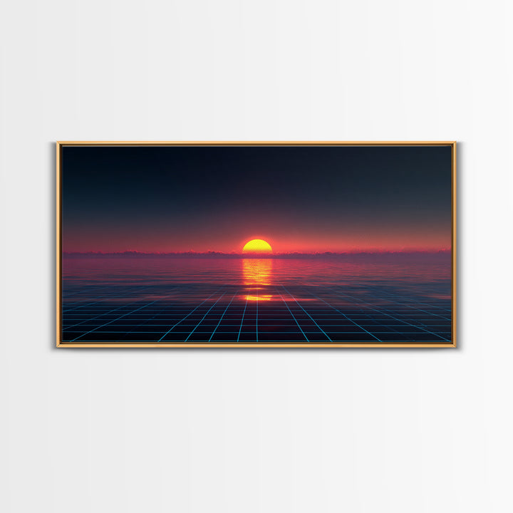 Retro Futuristic Sunset Over Ocean With Neon Grid Horizon Wall Art Modern Digital Canvas Print For Home