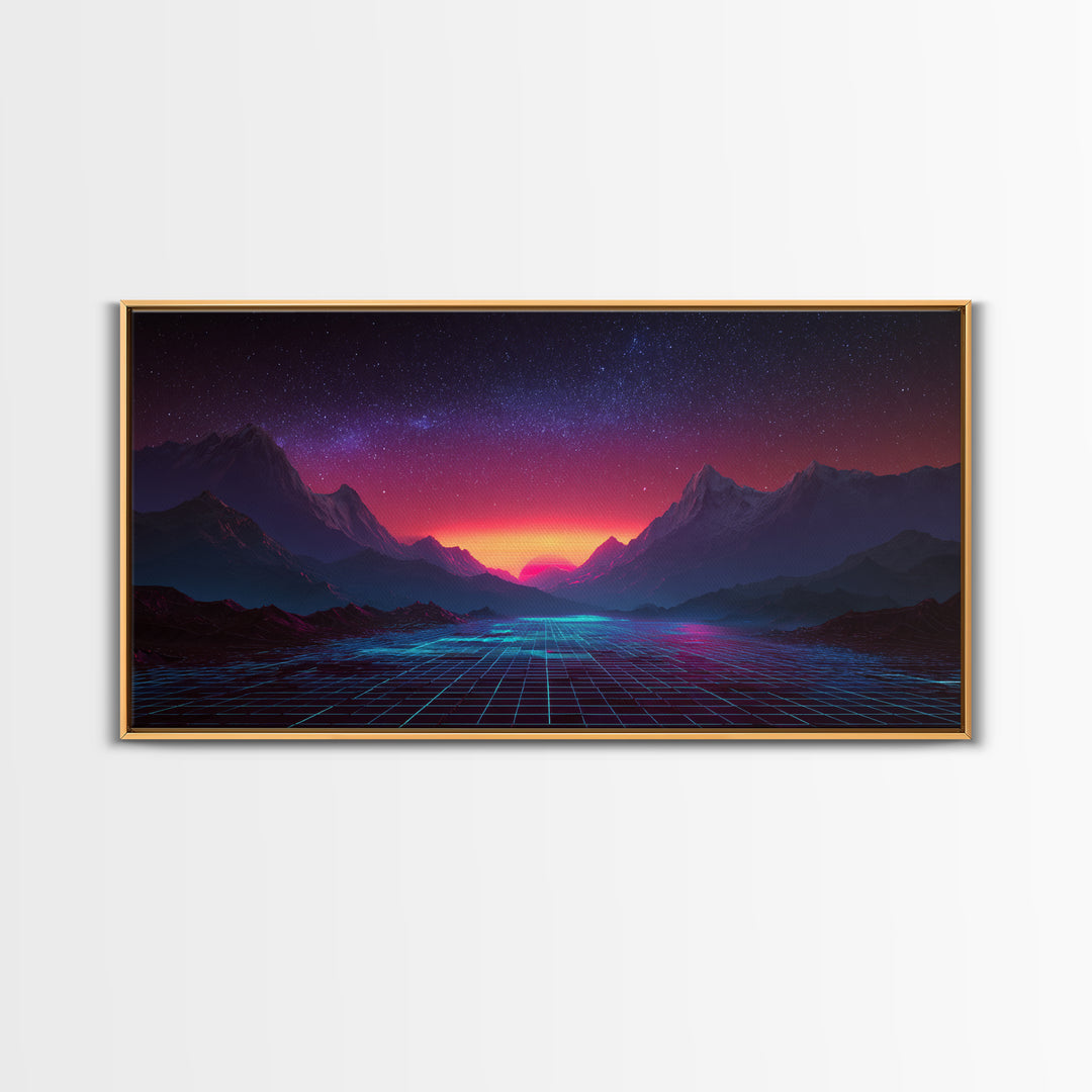Futuristic Cyberpunk Landscape With Neon Mountains And Grid Canvas Print Modern Wall Art Home Decor Abstract Wall Decor
