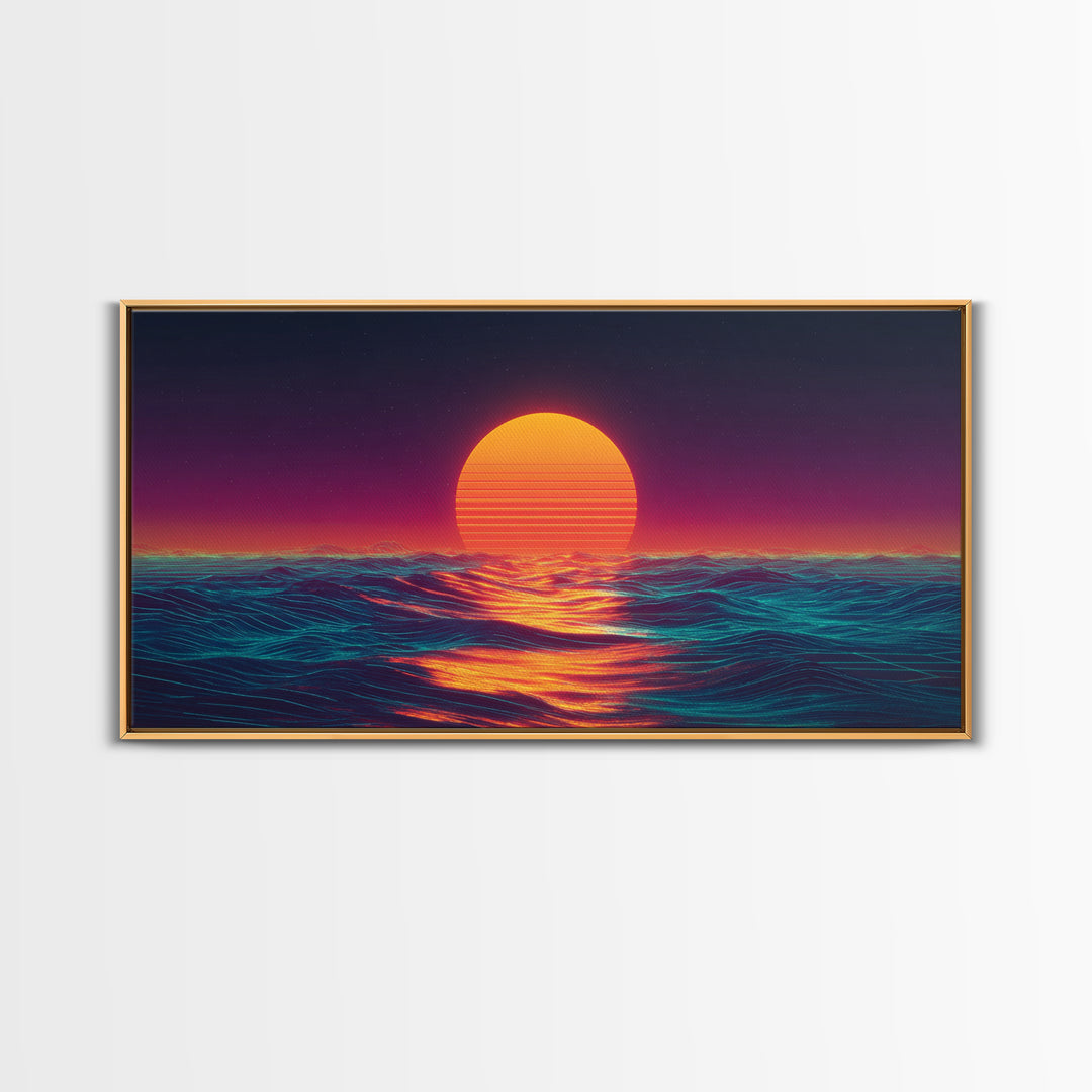 Retro Futuristic Neon Sunset Over Ocean Vibrant Wave Wall Art Canvas Print For Modern Living Room Decor