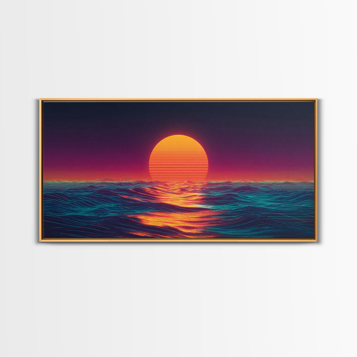 Retro Futuristic Neon Sunset Over Ocean Vibrant Wave Wall Art Canvas Print For Modern Living Room Decor