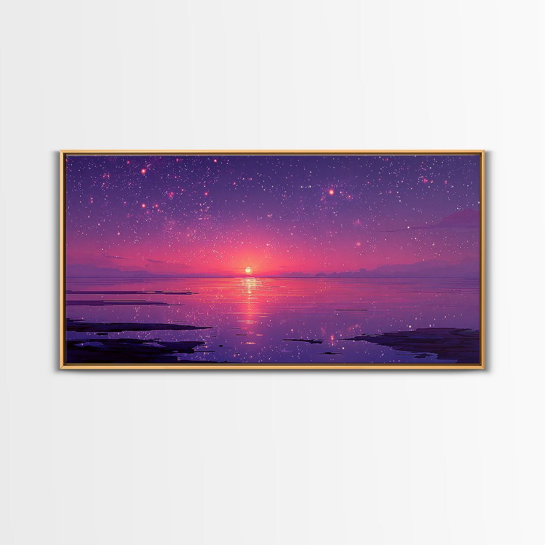 Starry Purple Night Sunset Over Calm Lake Landscape Wall Art Framed Canvas Print With Dreamy Celestial Sky And Tranquil Water Reflections