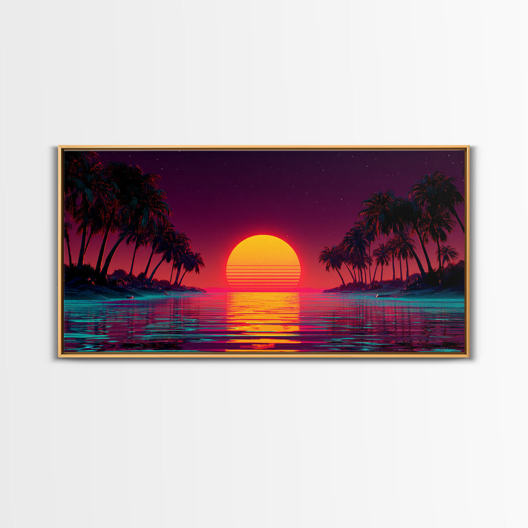 Vibrant Sunset Over Tropical Beach With Palm Trees Canvas Print Colorful Wall Art Modern Coastal Decor