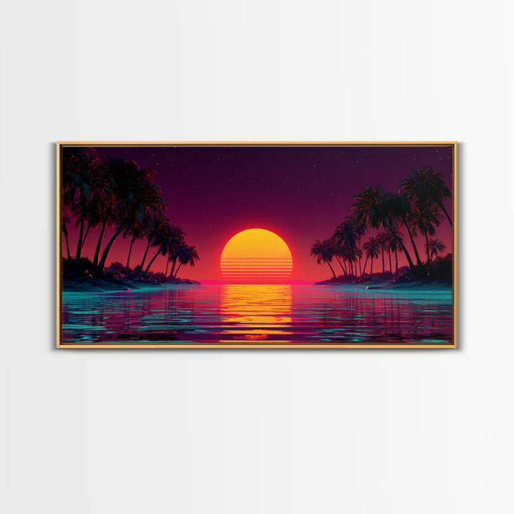 Vibrant Sunset Over Tropical Beach With Palm Trees Canvas Print Colorful Wall Art Modern Coastal Decor