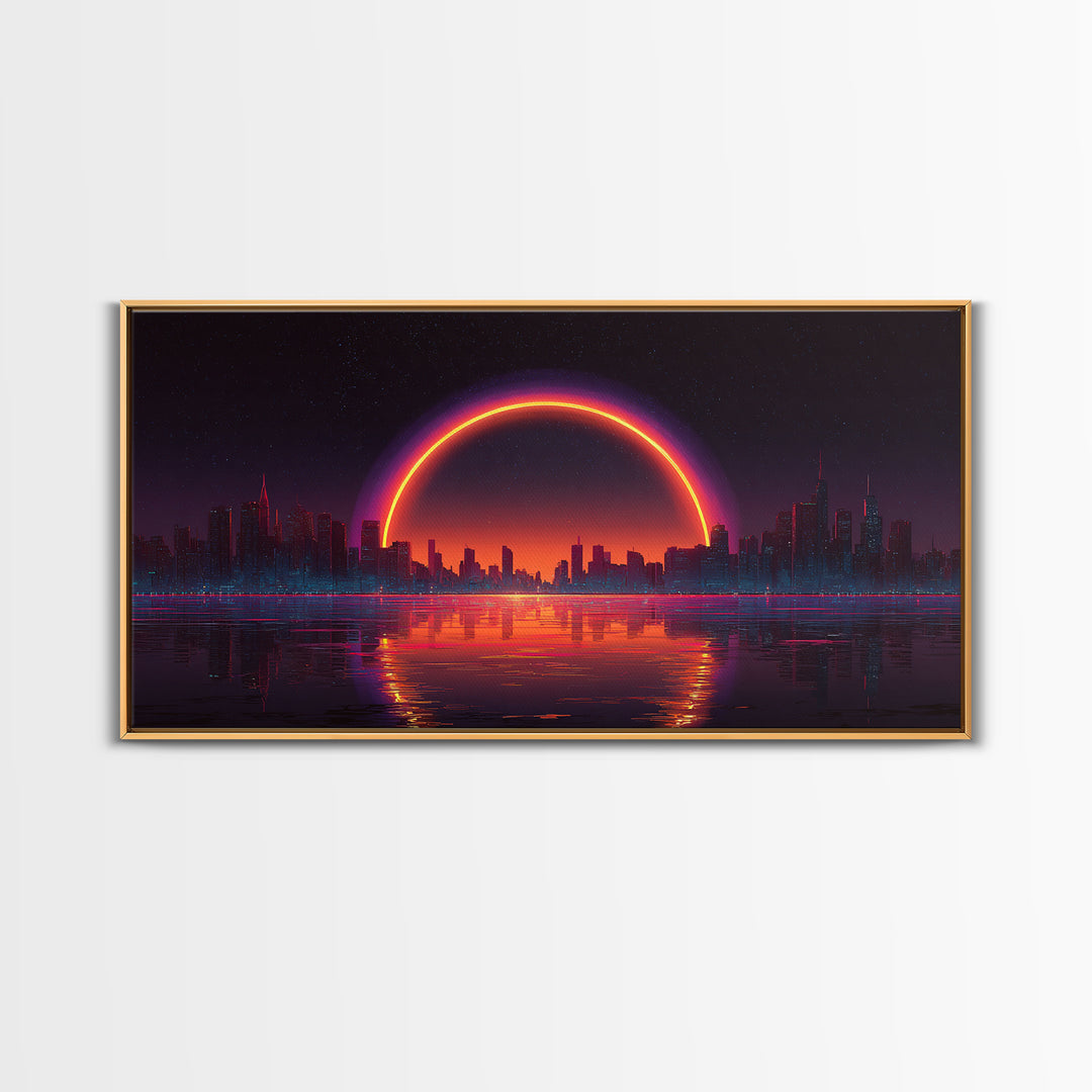 Vibrant Futuristic Cyberpunk Cityscape With Neon Sunset Reflection Wall Art Canvas Print Bright Modern Home Office Decor