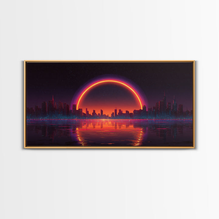 Vibrant Futuristic Cyberpunk Cityscape With Neon Sunset Reflection Wall Art Canvas Print Bright Modern Home Office Decor