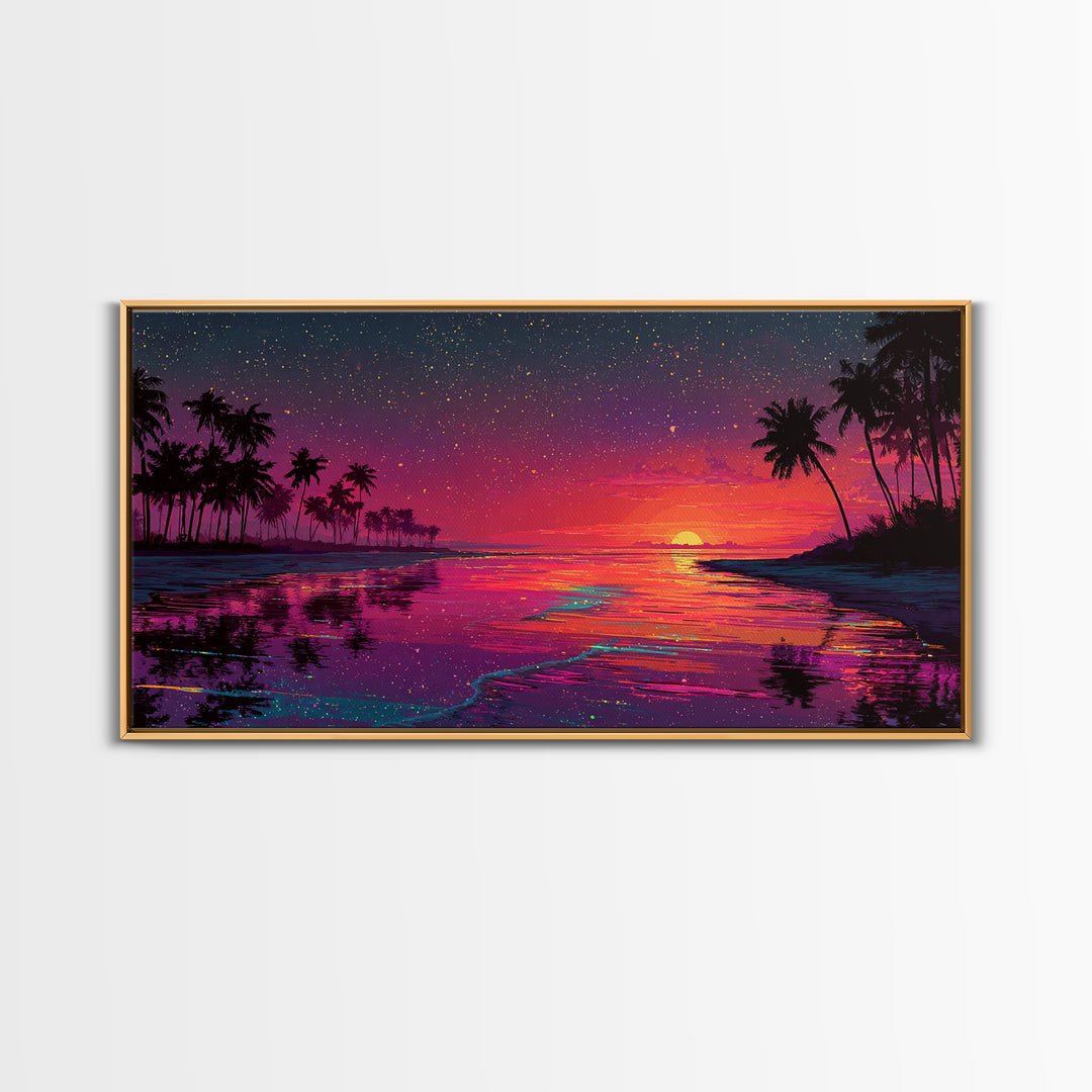 Vibrant Sunset Over Tropical Beach With Palm Trees And Colorful Reflection Canvas Print Modern Wall Art