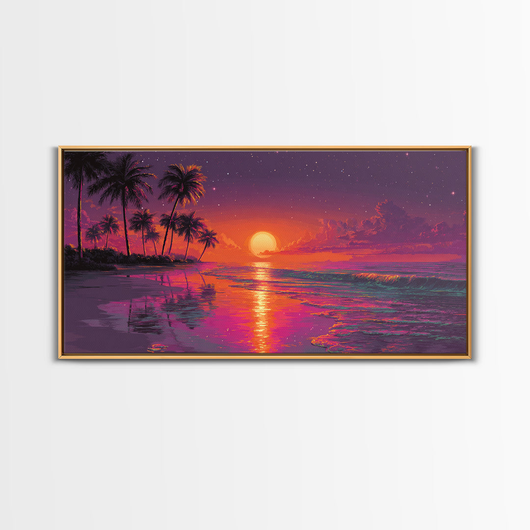Vibrant Abstract Landscape With Neon Sunset And Mountains Canvas Print Modern Wall Art Contemporary Decor Living Room Art