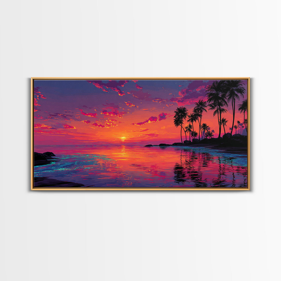 Beautiful Tropical Sunset Over Calm Ocean With Palm Trees Coastal Wall Art Framed Canvas Print For Bedroom Or Vacation Home Decor