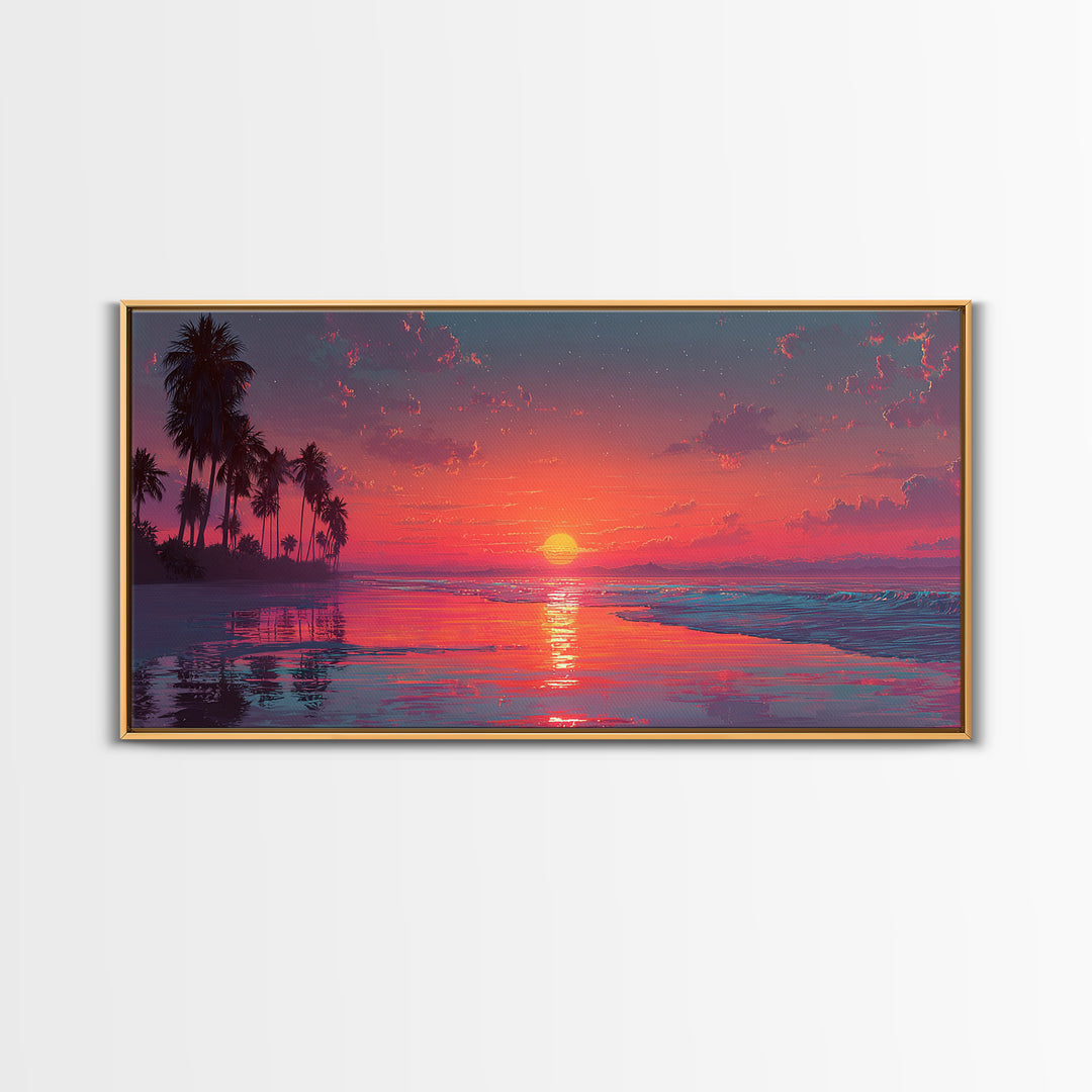 Tropical Sunset Over Calm Ocean With Palm Trees Beautiful Nature Scene Wall Art Framed Canvas Print For Home Decor