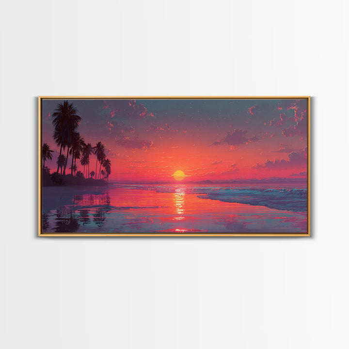 Tropical Sunset Over Calm Ocean With Palm Trees Beautiful Nature Scene Wall Art Framed Canvas Print For Home Decor