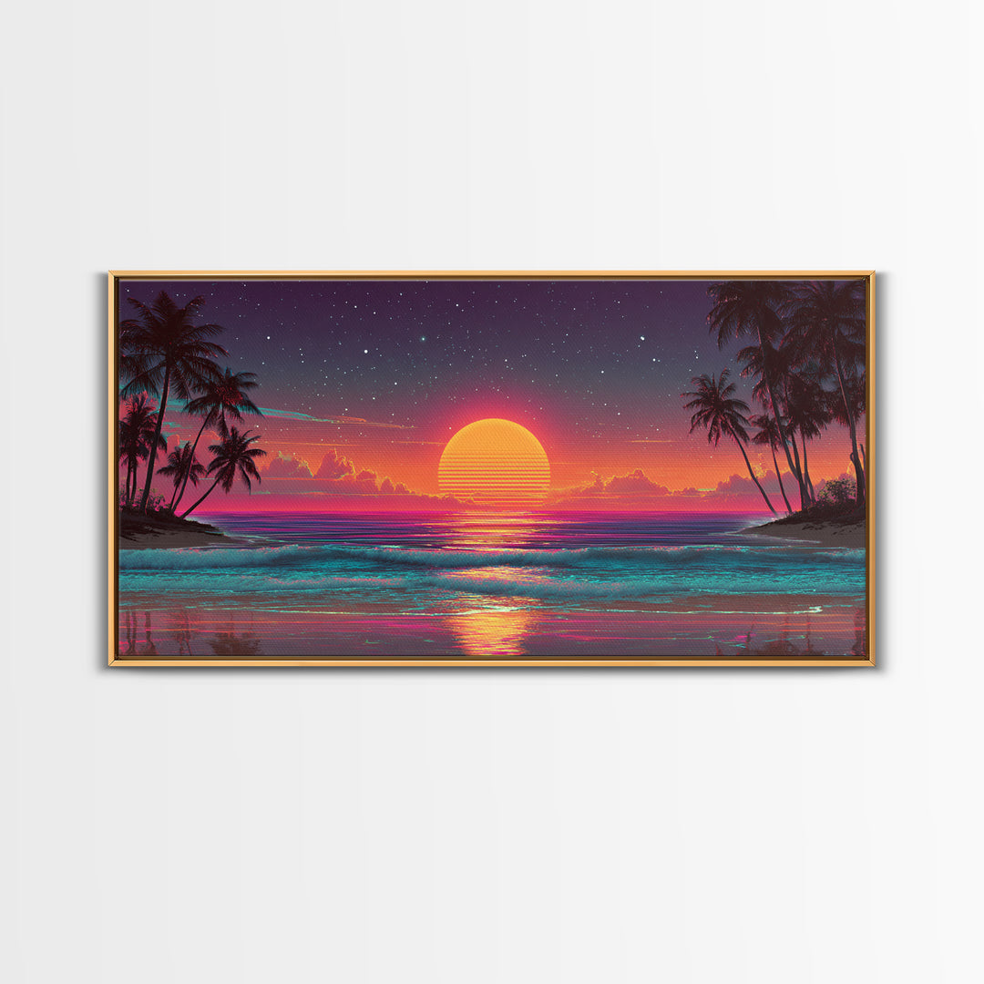 80s Style Digital Sunset Beach Scene With Palm Trees Retro Aesthetic Coastal Wall Art