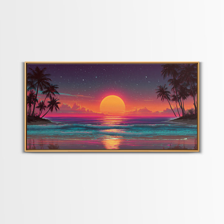 80s Style Digital Sunset Beach Scene With Palm Trees Retro Aesthetic Coastal Wall Art