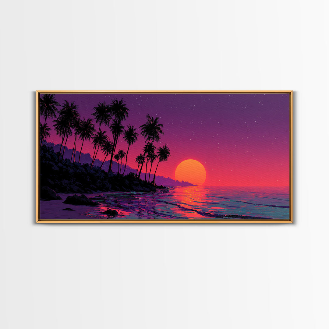 Vivid Tropical Sunset Over Ocean With Palm Trees Silhouette Canvas Print Large Wall Art For Living Room Decor And Coastal Home