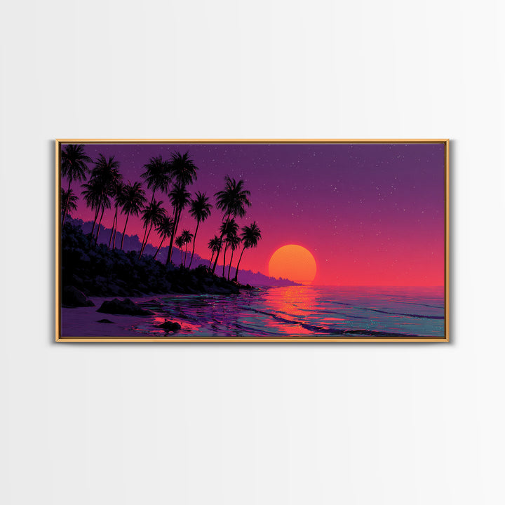 Vivid Tropical Sunset Over Ocean With Palm Trees Silhouette Canvas Print Large Wall Art For Living Room Decor And Coastal Home