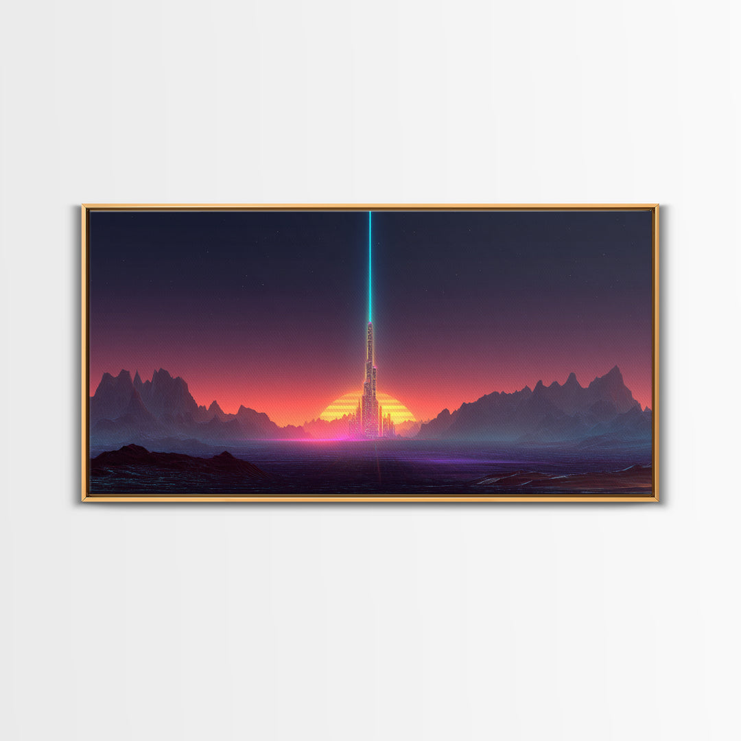 Digital Art Cityscape With Tower And Neon Beam At Sunset Colorful Futuristic Wall Art Framed Canvas Print