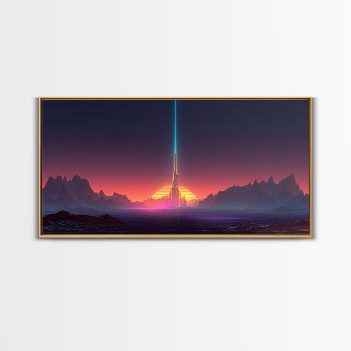 Digital Art Cityscape With Tower And Neon Beam At Sunset Colorful Futuristic Wall Art Framed Canvas Print