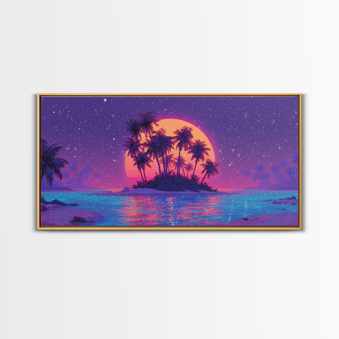 Vibrant Neon Sunset Over Tropical Island With Palm Trees Canvas Print For Modern Wall Art Home Decor