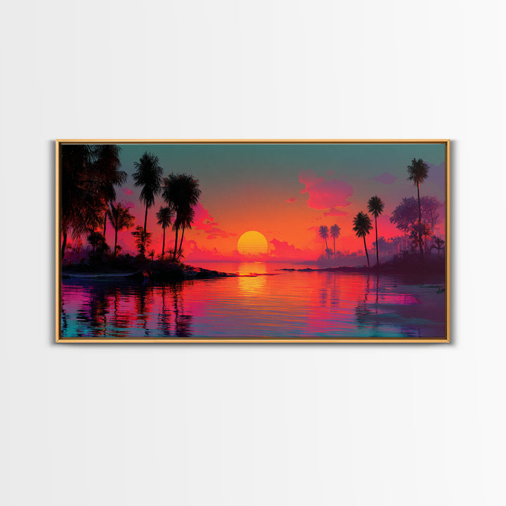 Vivid Pink Orange Tropical Sunset Over Calm Ocean With Palm Trees Coastal Wall Art Framed Canvas Print Bohemian Beach Home Decor Wall Decor