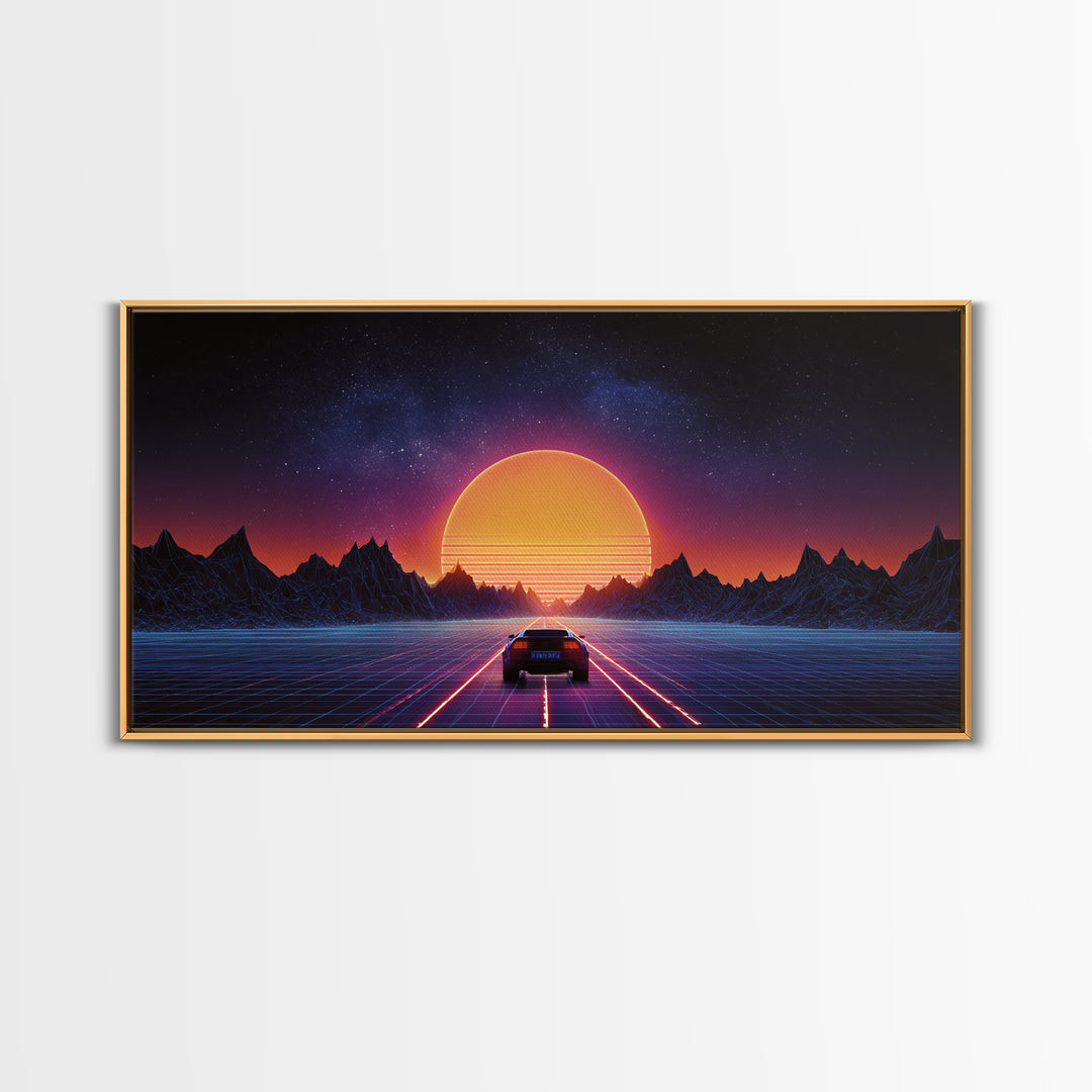 Retro Futuristic 80s Style Neon Sunset With Grid Road And Mountains Vibrant Digital Artwork Ideal For Gaming Room Wall Art And Modern Home Decor Canvas Print