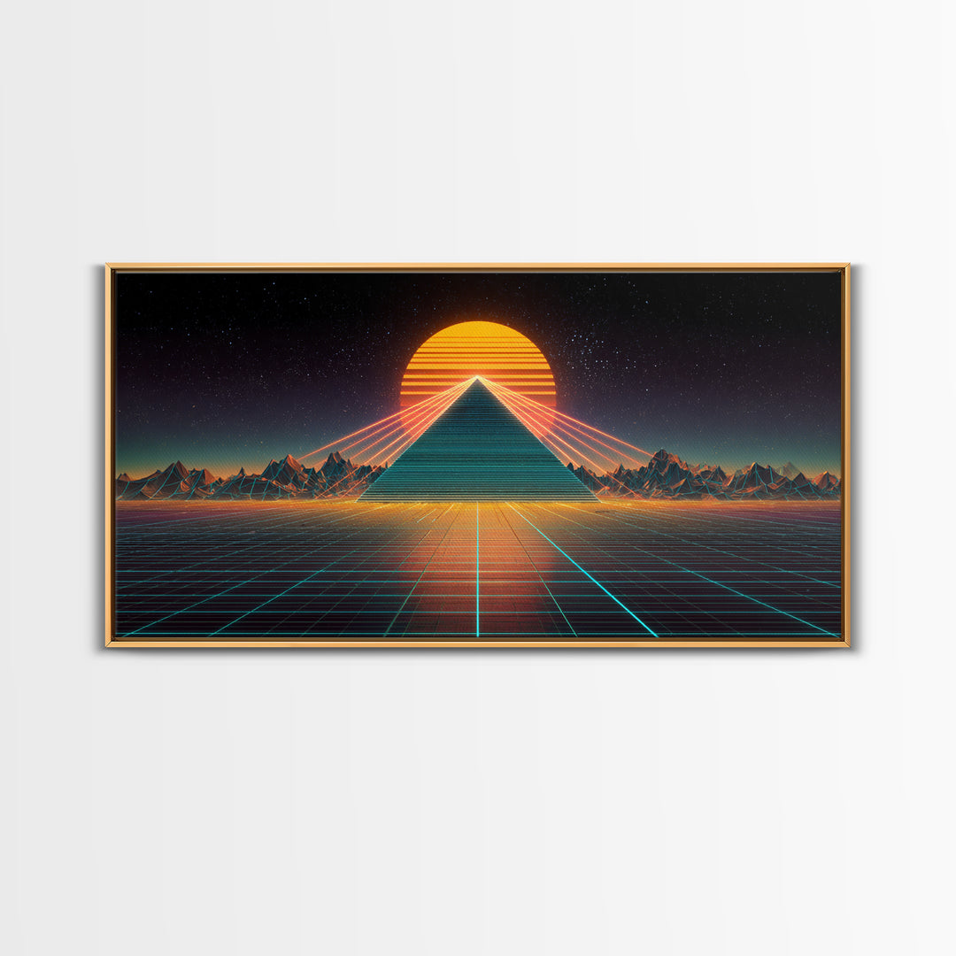 Futuristic Neon Pyramid With Laser Lights At Sunset Digital Artwork, Modern Wall Art Framed Canvas Print For Contemporary Home Decor
