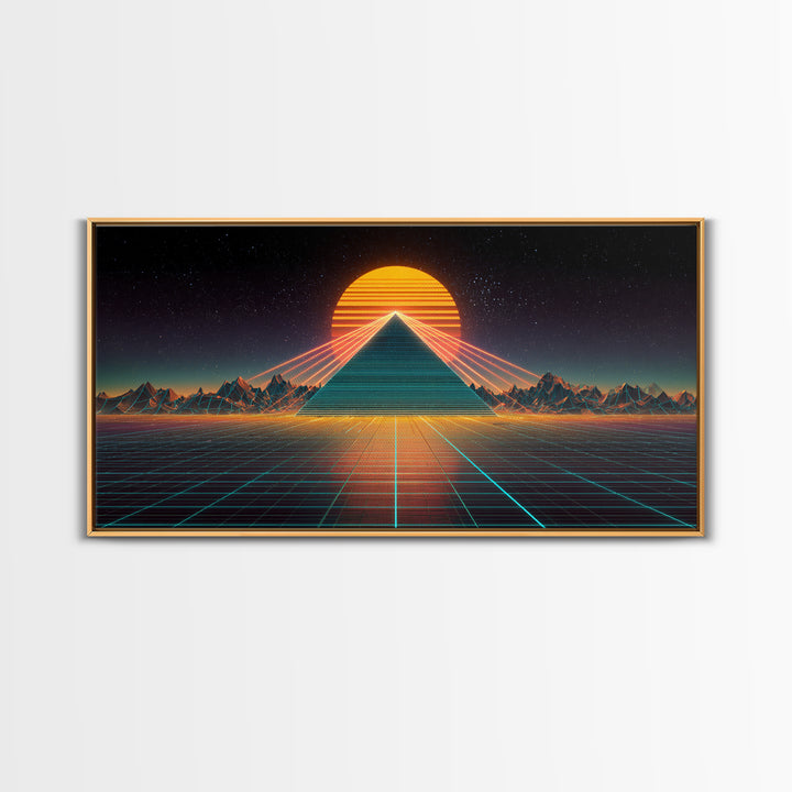 Futuristic Neon Pyramid With Laser Lights At Sunset Digital Artwork, Modern Wall Art Framed Canvas Print For Contemporary Home Decor